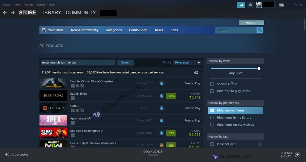 Download and install games from Steam store